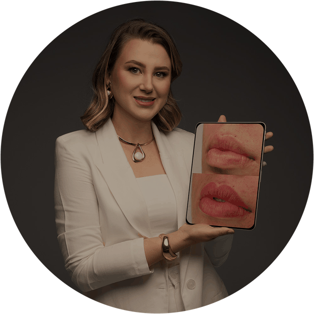 Dra. Leila Bittencourt mostrando um trabalho de micropigmentação